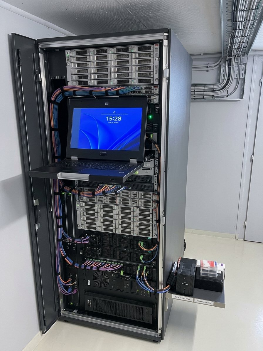 Baie informatique avec serveurs, stockage et câblage réseau